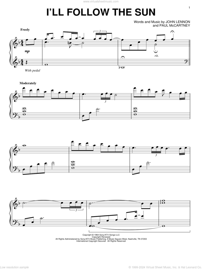 I'll Follow The Sun sheet music for piano solo by The Beatles, John Lennon and Paul McCartney, intermediate skill level