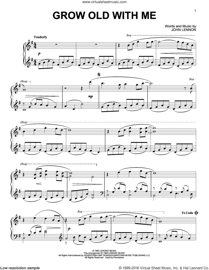 Grow Old With Me sheet music for piano solo by John Lennon and Mary Chapin Carpenter, intermediate skill level