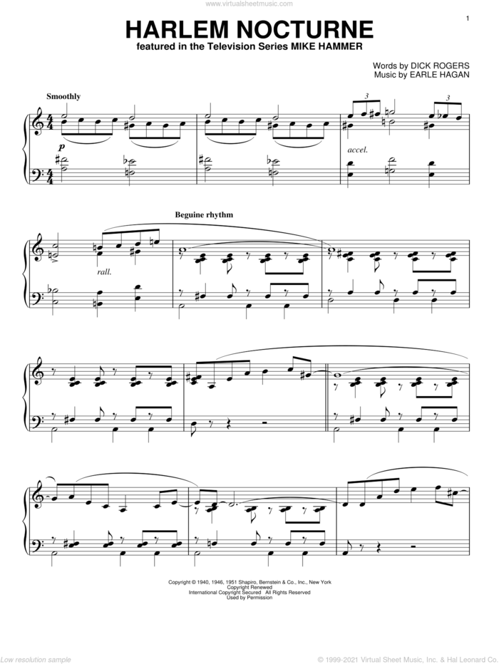 Harlem Nocturne sheet music for piano solo by Earle Hagen and Dick Rogers, intermediate skill level
