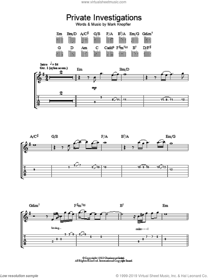 Private Investigations sheet music for guitar (tablature) by Dire Straits and Mark Knopfler, intermediate skill level