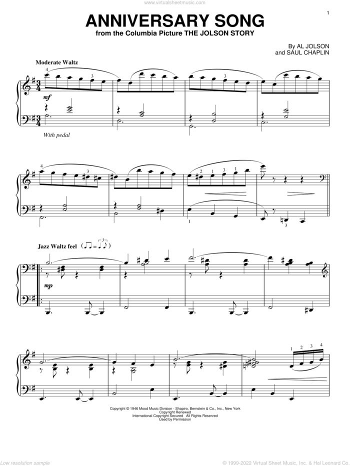 Anniversary Song, (intermediate) sheet music for piano solo by Saul Chaplin and Al Jolson, intermediate skill level