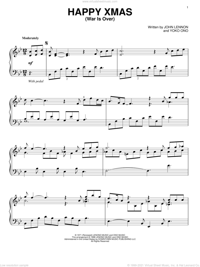 Happy Xmas (War Is Over) sheet music for piano solo by John Lennon and Yoko Ono, intermediate skill level
