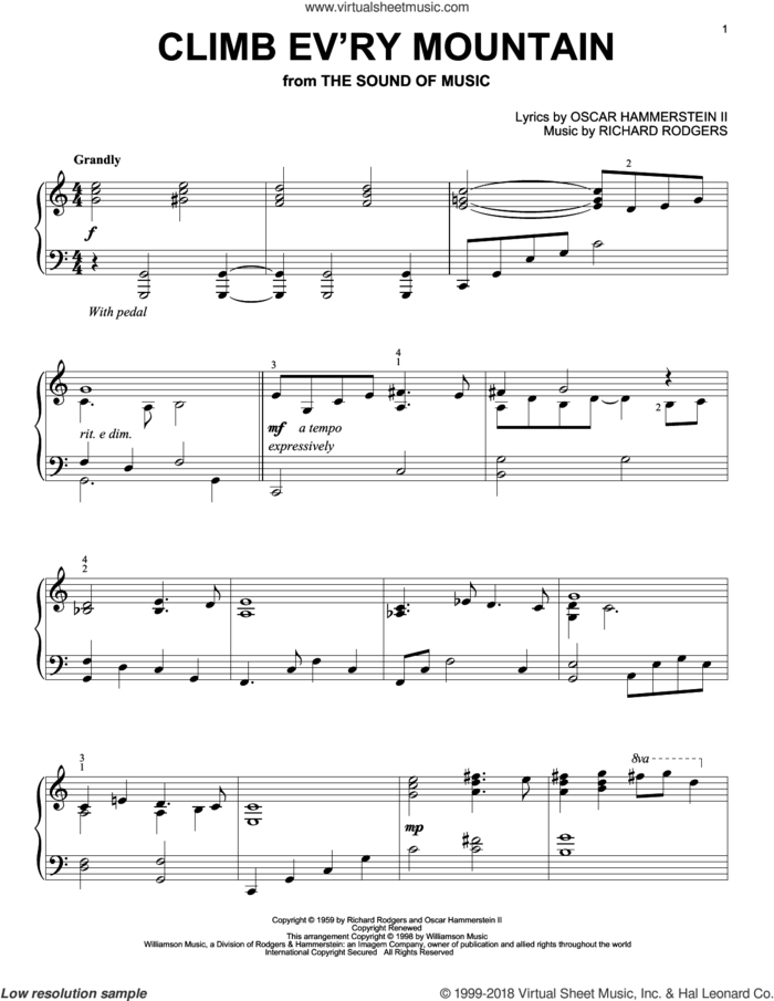 Climb Ev'ry Mountain sheet music for piano solo by Rodgers & Hammerstein, Richard Rodgers and Tony Bennett, intermediate skill level