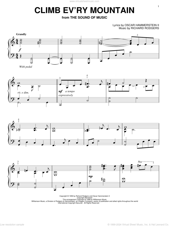 Climb Ev'ry Mountain sheet music for piano solo by Rodgers & Hammerstein, Richard Rodgers and Tony Bennett, intermediate skill level