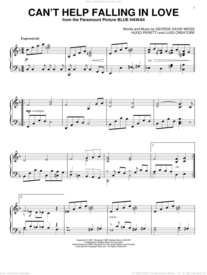 Can't Help Falling In Love sheet music for piano solo by Elvis Presley, wedding score, intermediate skill level