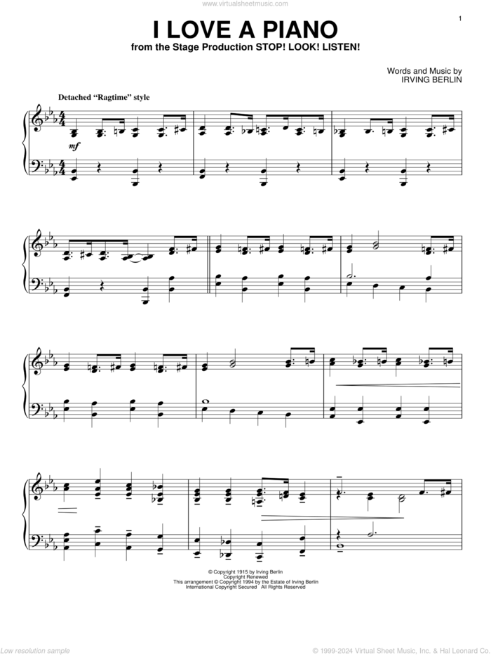 I Love A Piano, (intermediate) sheet music for piano solo by Irving Berlin, intermediate skill level