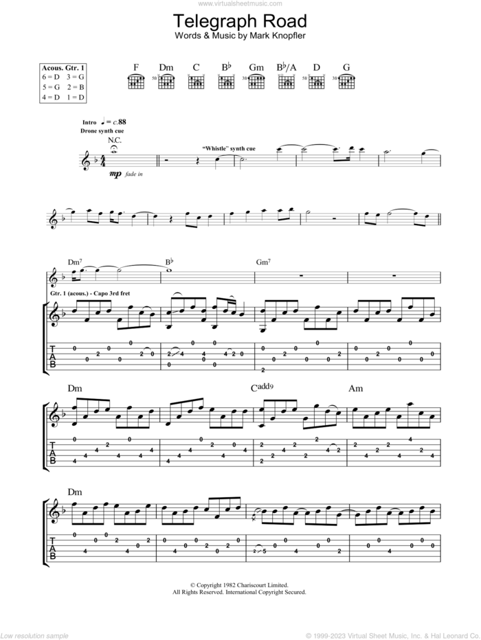Telegraph Road sheet music for guitar (tablature) by Dire Straits and Mark Knopfler, intermediate skill level