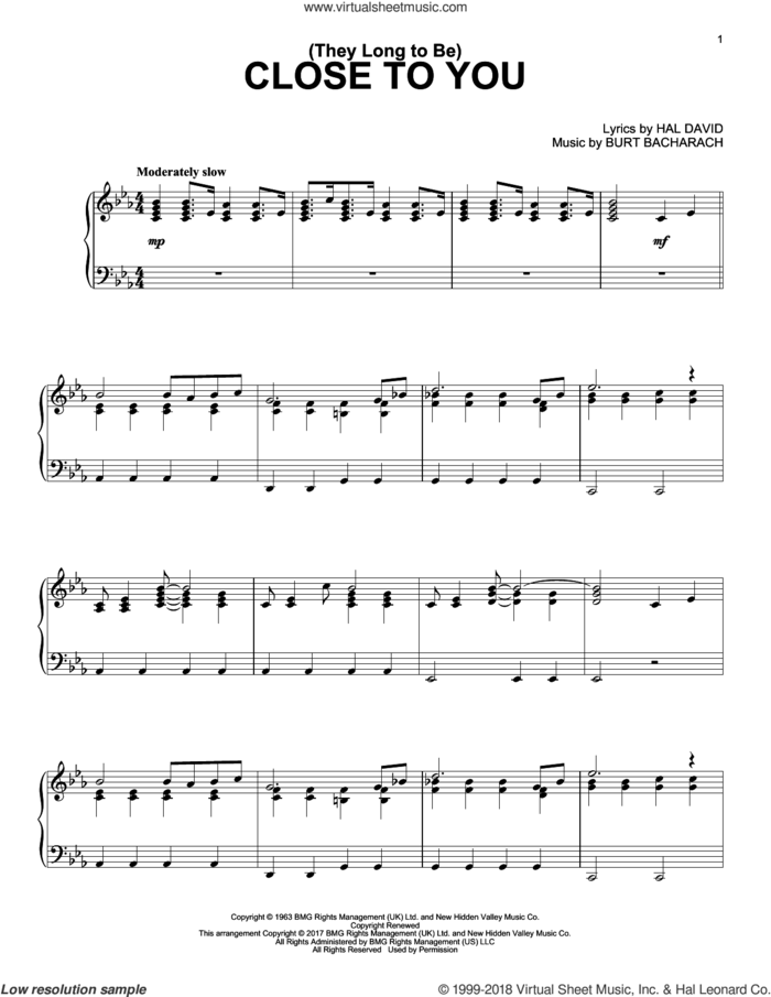 (They Long To Be) Close To You sheet music for piano solo by Burt Bacharach and Hal David, intermediate skill level