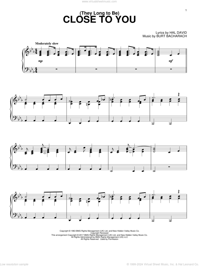 (They Long To Be) Close To You sheet music for piano solo by Burt Bacharach and Hal David, intermediate skill level