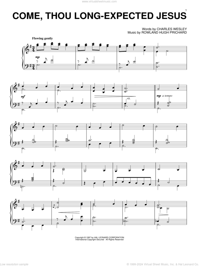 Come, Thou Long-Expected Jesus, (intermediate) sheet music for piano solo by Charles Wesley and Rowland Prichard, intermediate skill level