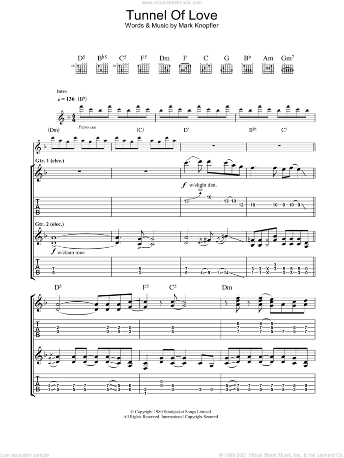 Tunnel Of Love sheet music for guitar (tablature) by Dire Straits and Mark Knopfler, intermediate skill level