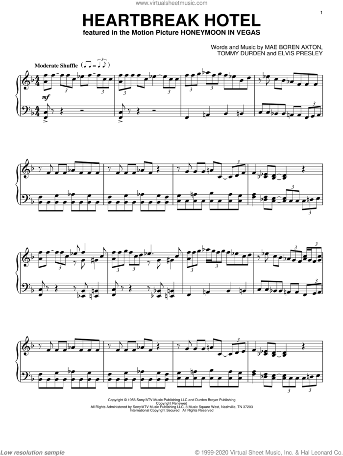 Heartbreak Hotel, (intermediate) sheet music for piano solo by Elvis Presley, Mae Boren Axton and Tommy Durden, intermediate skill level