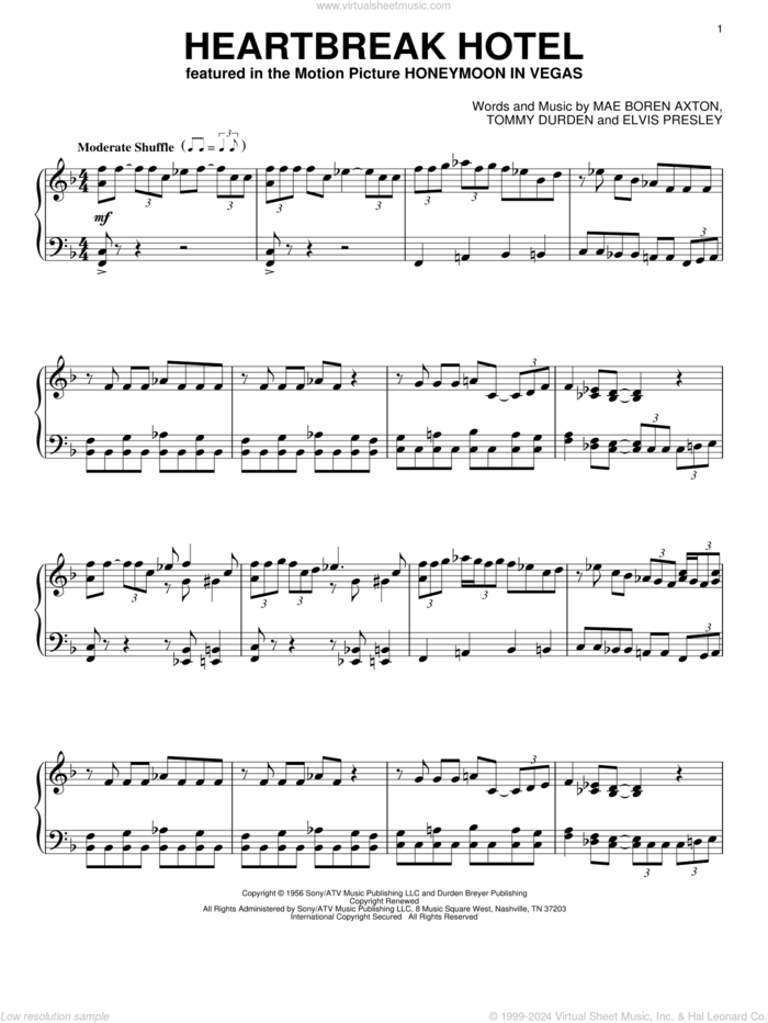 Heartbreak Hotel, (intermediate) sheet music for piano solo by Elvis Presley, Mae Boren Axton and Tommy Durden, intermediate skill level