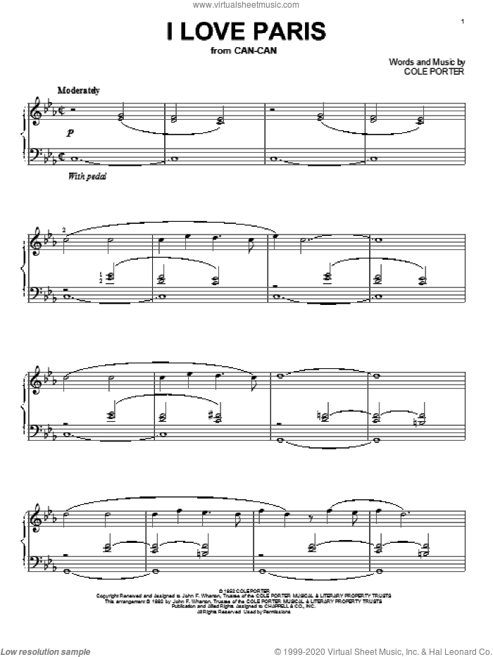 I Love Paris sheet music for piano solo by Cole Porter, intermediate skill level