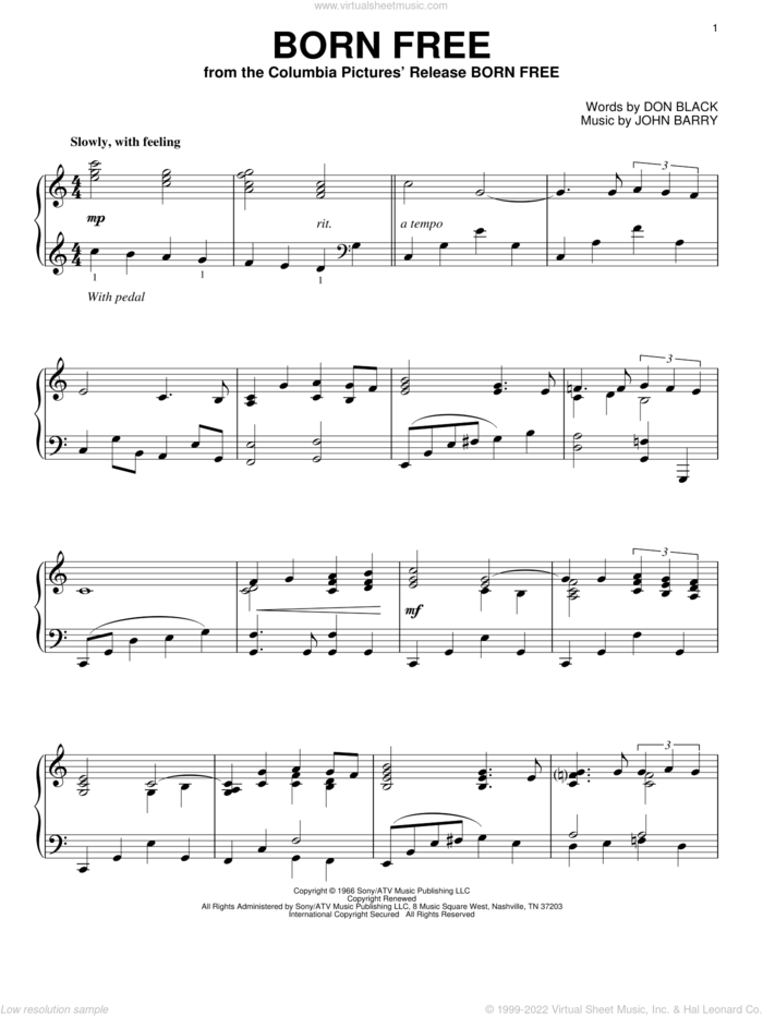 Born Free, (intermediate) sheet music for piano solo by Roger Williams, Don Black and John Barry, intermediate skill level