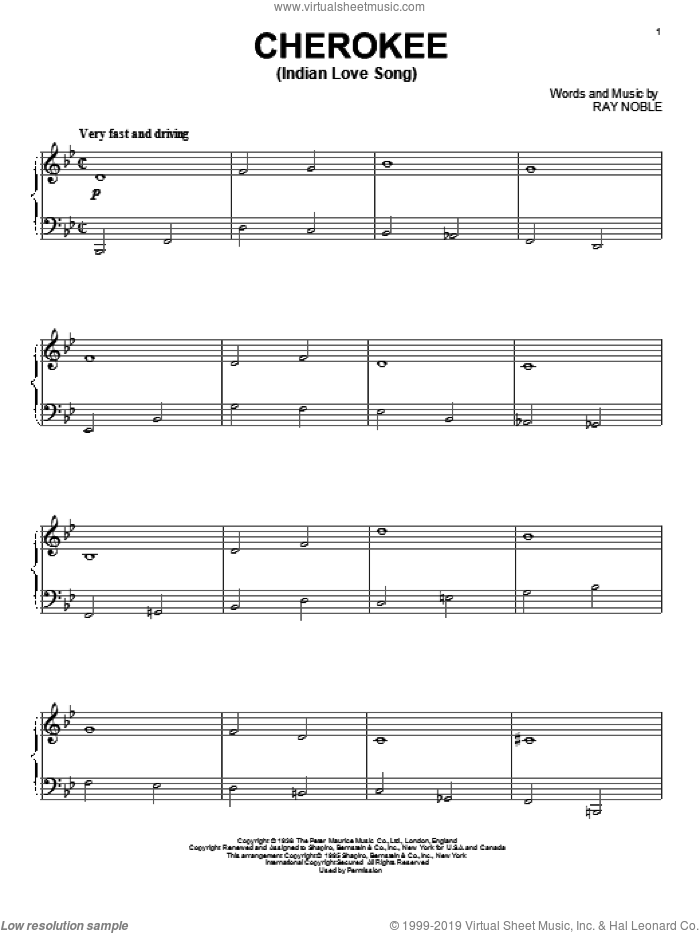 Cherokee (Indian Love Song), (intermediate) sheet music for piano solo by Benny Goodman Sextet, Charlie Barnet & his Orchestra and Ray Noble And His Orchestra, intermediate skill level