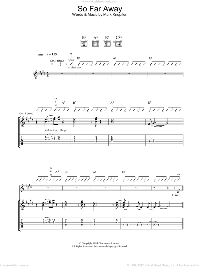 So Far Away sheet music for guitar (tablature) by Dire Straits and Mark Knopfler, intermediate skill level