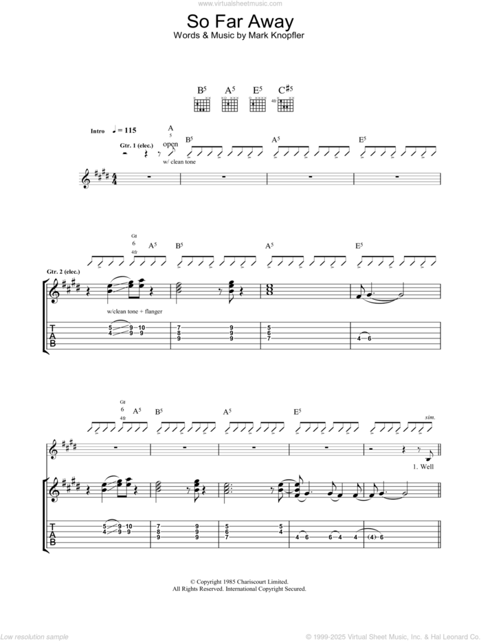 So Far Away sheet music for guitar (tablature) by Dire Straits and Mark Knopfler, intermediate skill level