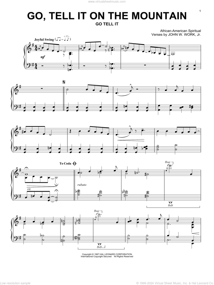 Go, Tell It On The Mountain sheet music for piano solo by John W. Work, Jr. and Miscellaneous, intermediate skill level