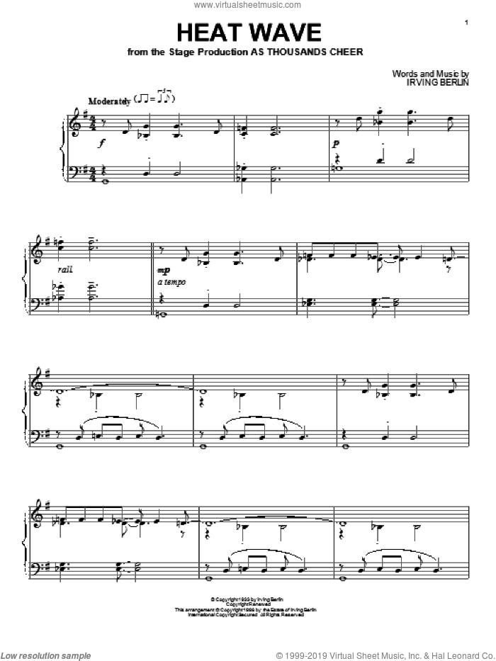 Heat Wave, (intermediate) sheet music for piano solo by Irving Berlin, intermediate skill level