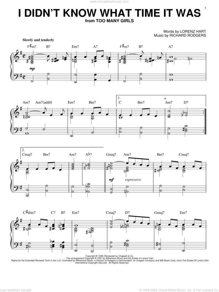 I Didn't Know What Time It Was sheet music for piano solo by Rodgers & Hart, Lorenz Hart and Richard Rodgers, intermediate skill level