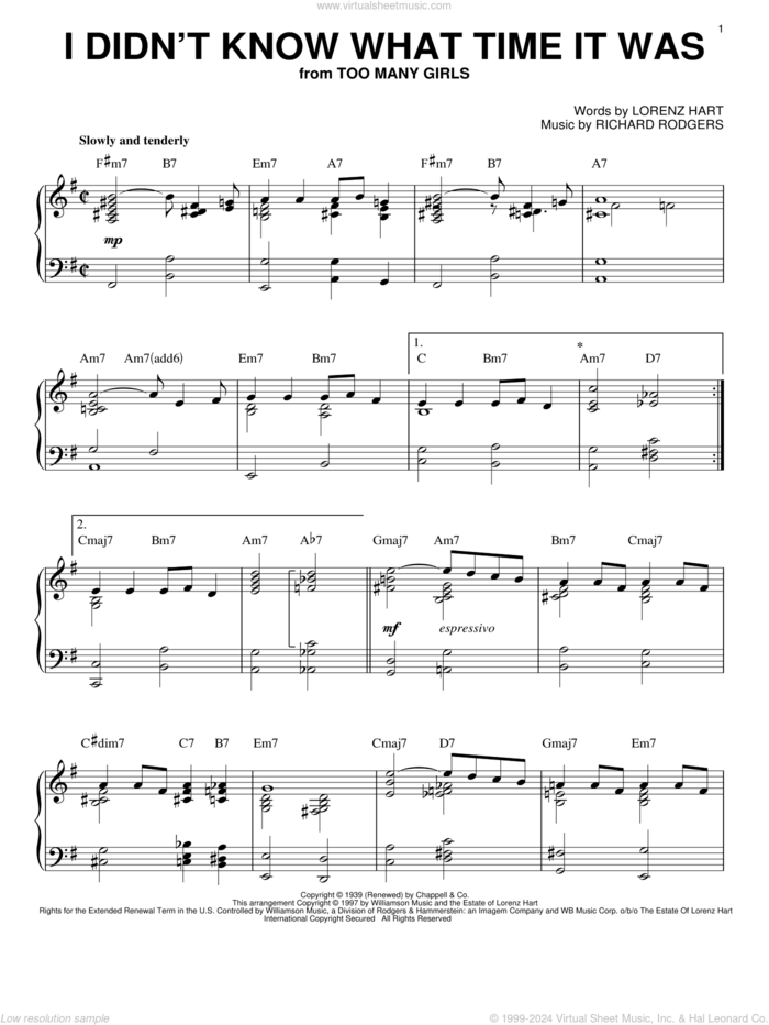 I Didn't Know What Time It Was sheet music for piano solo by Rodgers & Hart, Lorenz Hart and Richard Rodgers, intermediate skill level