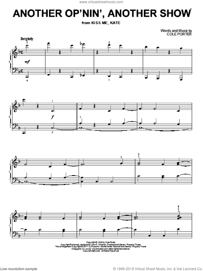 Another Op'nin', Another Show (from Kiss Me, Kate) sheet music for piano solo by Cole Porter, intermediate skill level
