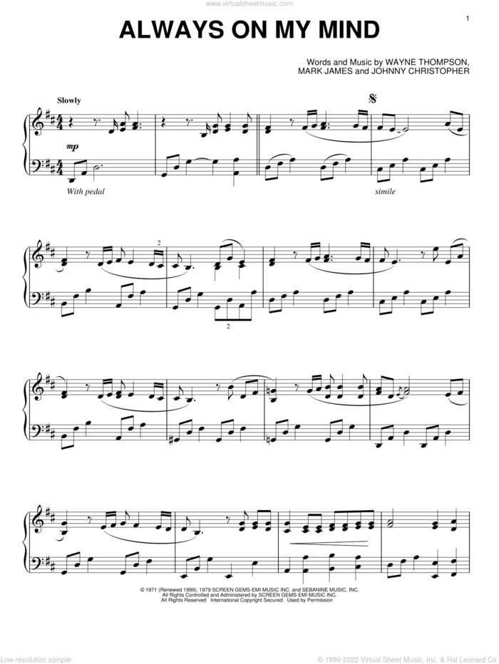 Always On My Mind, (intermediate) sheet music for piano solo by Willie Nelson, Elvis Presley and Michael Buble, intermediate skill level