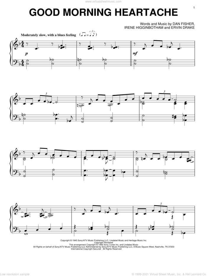 Good Morning Heartache sheet music for piano solo by Diana Ross and Billie Holiday, intermediate skill level