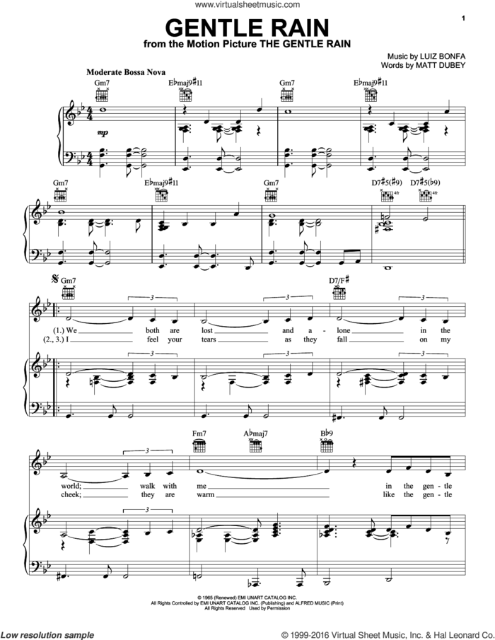 Gentle Rain sheet music for voice, piano or guitar by Matt Dubey and Luiz Bonfa, intermediate skill level