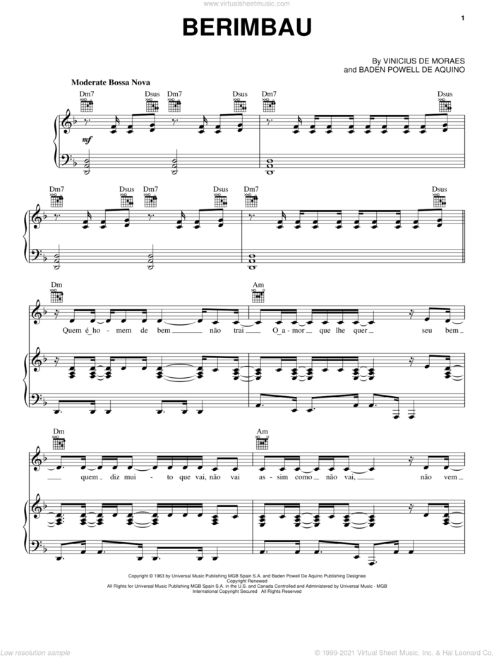 Berimbau sheet music for voice, piano or guitar by Baden Powell De Aquino and Vinicius de Moraes, intermediate skill level