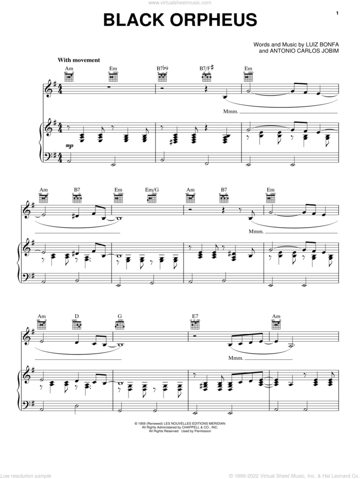 Black Orpheus sheet music for voice, piano or guitar by Stan Getz, Antonio Carlos Jobim and Luiz Bonfa, intermediate skill level