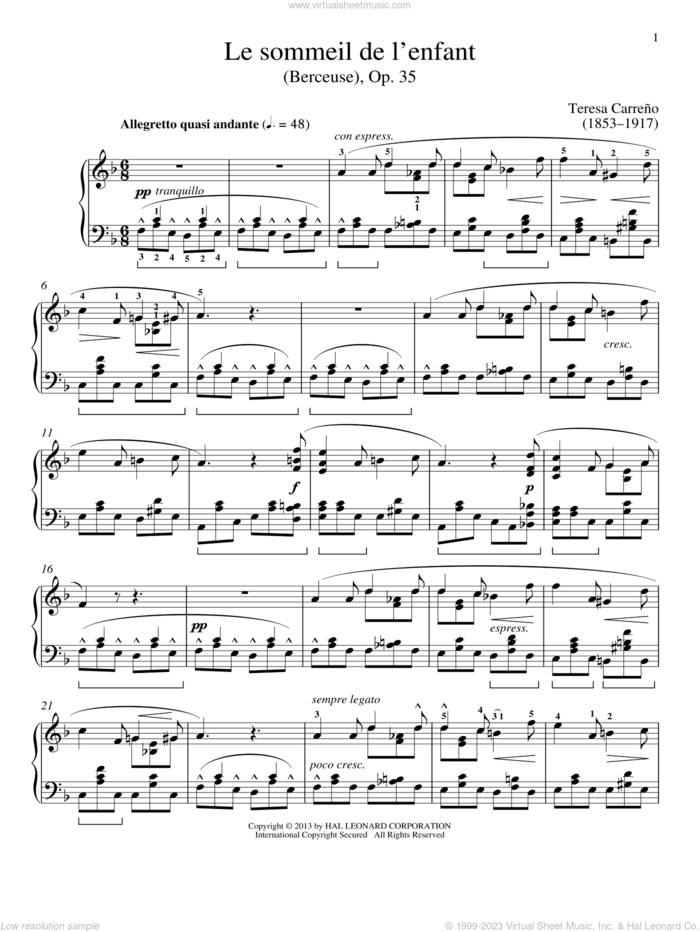 Le sommeil de l'enfant (Berceuse), Op. 35 sheet music for piano solo by Gail Smith and Teresa Carreno, classical score, intermediate skill level
