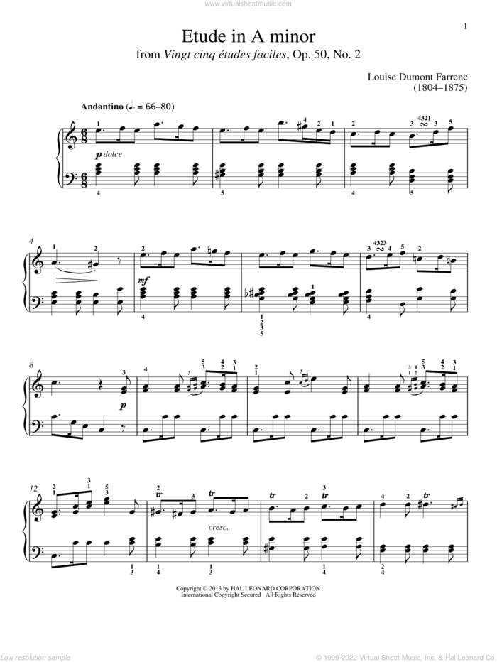 Etude In A Minor sheet music for piano solo by Gail Smith and Louise Dumont Farrenc, classical score, intermediate skill level