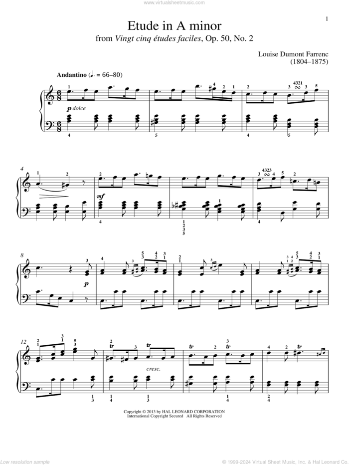 Etude In A Minor sheet music for piano solo by Gail Smith and Louise Dumont Farrenc, classical score, intermediate skill level