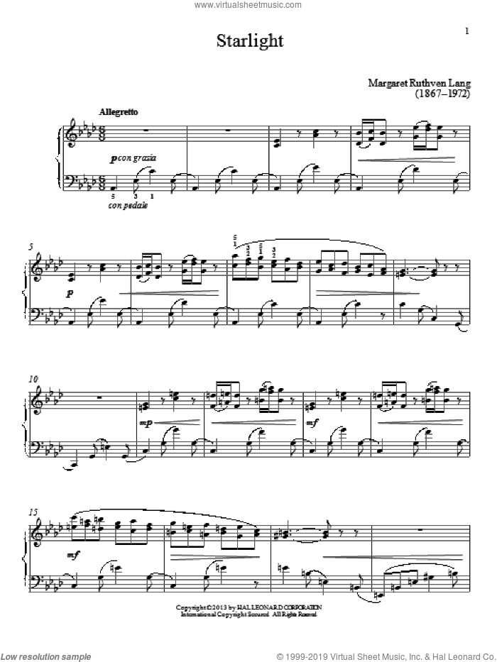 Starlight sheet music for piano solo by Gail Smith and Margaret Ruthven Lang, classical score, intermediate skill level