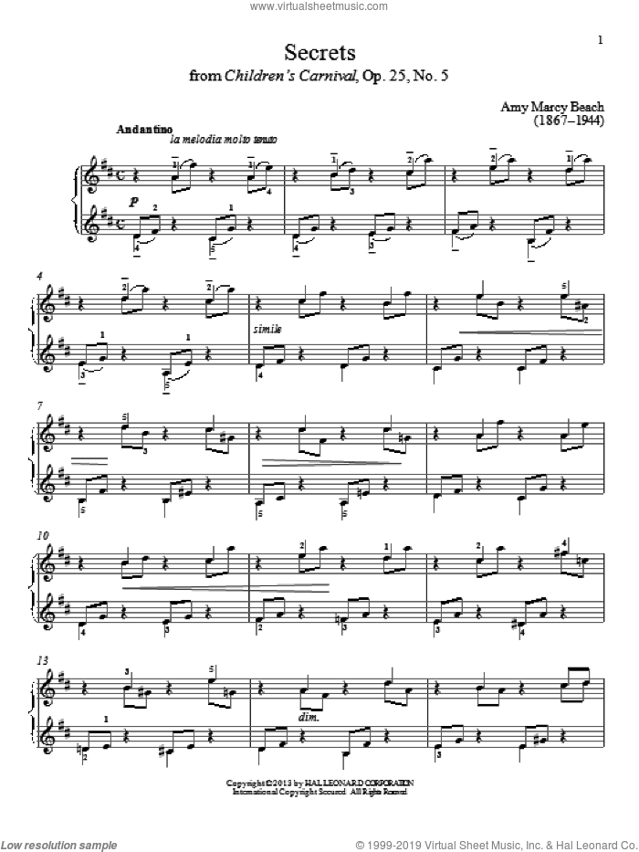 Secrets sheet music for piano solo by Gail Smith, Amy Beach and Amy Marcy Beach, classical score, intermediate skill level