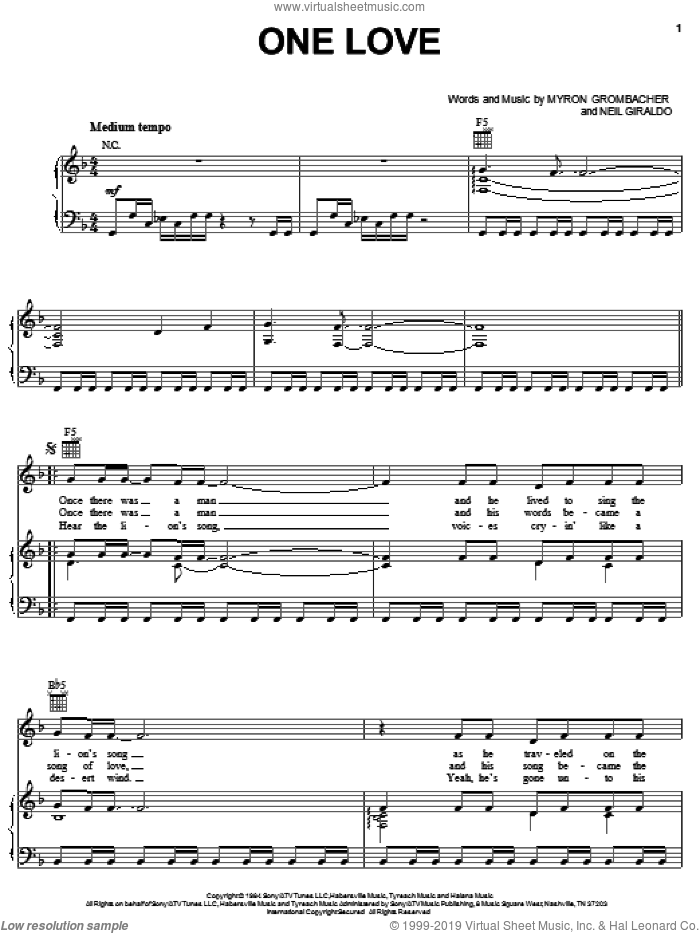 One Love sheet music for voice, piano or guitar by Pat Benatar, Myron Grombacher and Neil Giraldo, intermediate skill level