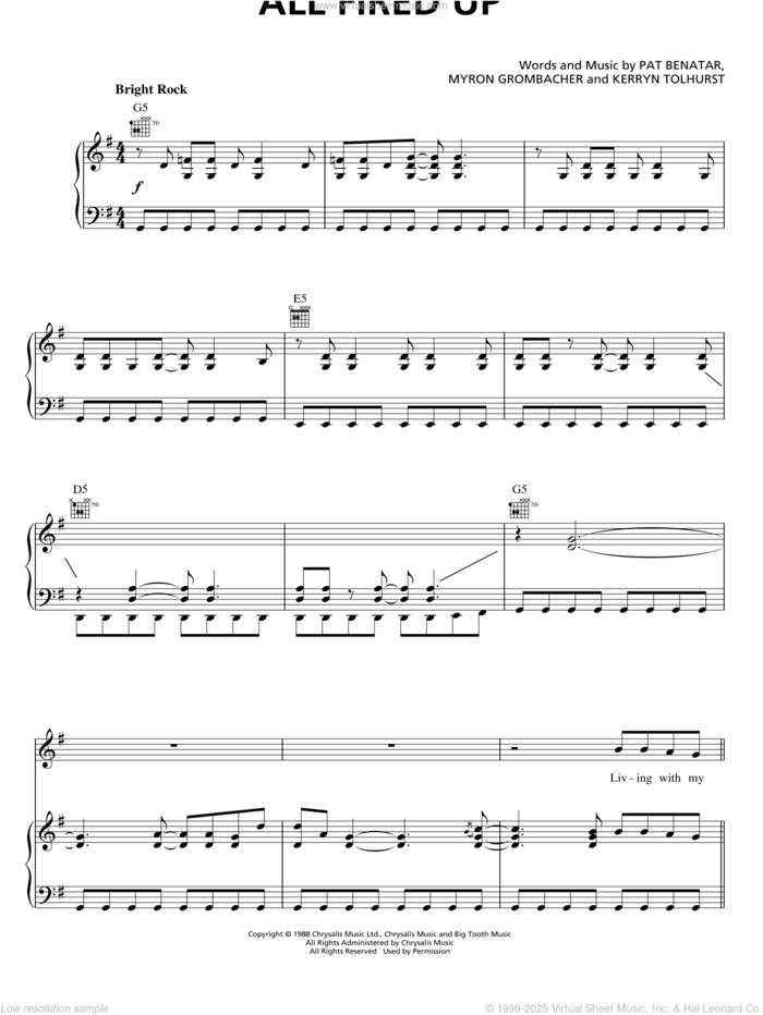 All Fired Up sheet music for voice, piano or guitar by Pat Benatar, Kerryn Tolhurst and Myron Grombacher, intermediate skill level