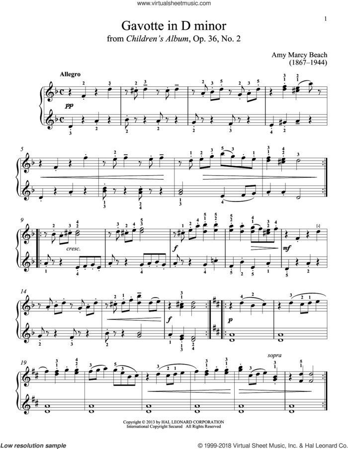Gavotte in D Minor sheet music for piano solo by Gail Smith and Amy Marcy Beach, classical score, intermediate skill level