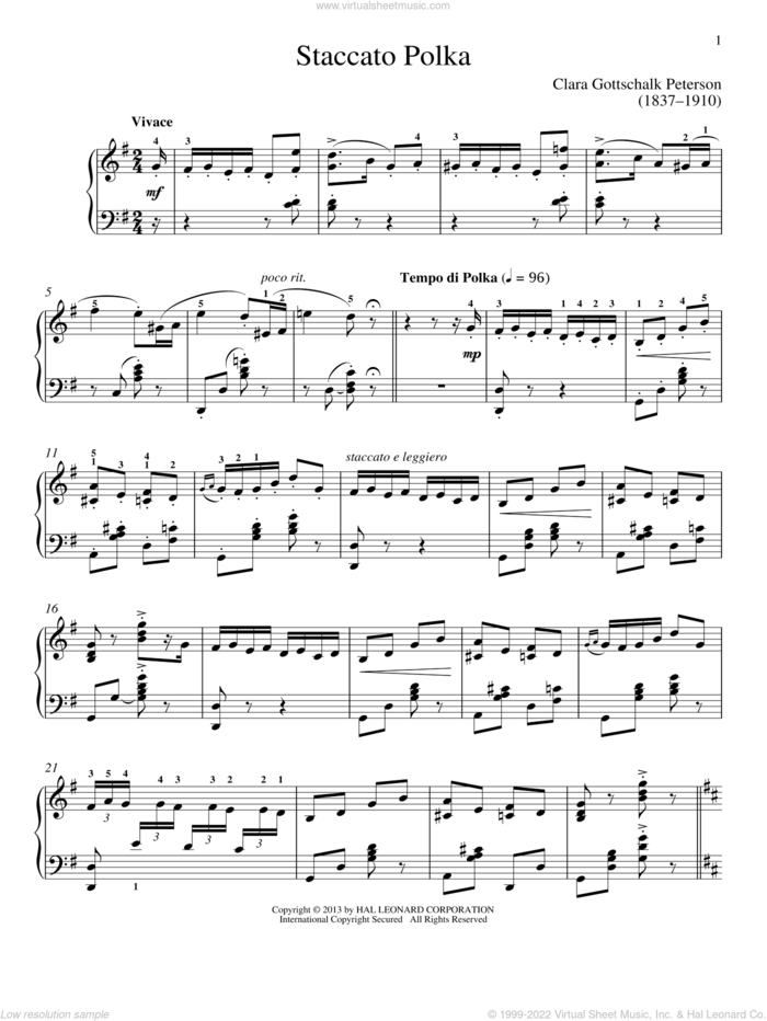 Staccato Polka sheet music for piano solo by Gail Smith and Clara Gottschalk Peterson, classical score, intermediate skill level