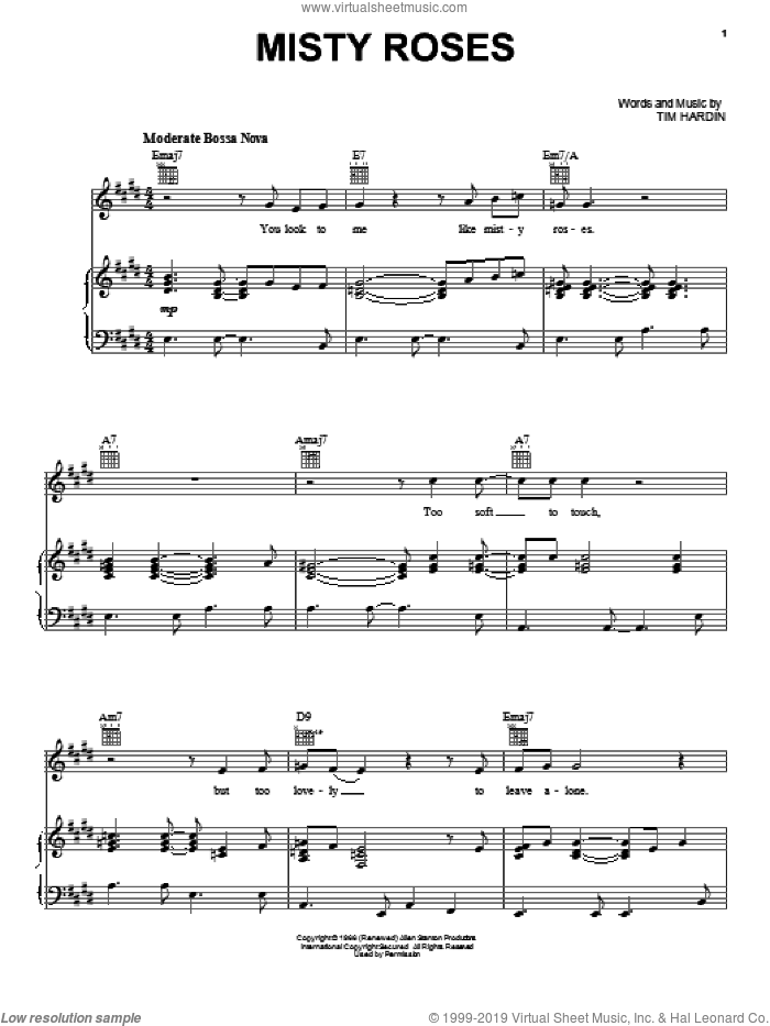 Misty Roses sheet music for voice, piano or guitar by Tim Hardin, intermediate skill level