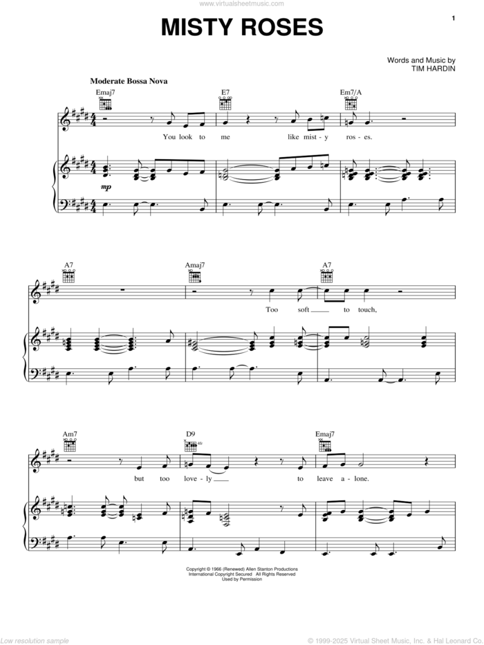 Misty Roses sheet music for voice, piano or guitar by Tim Hardin, intermediate skill level