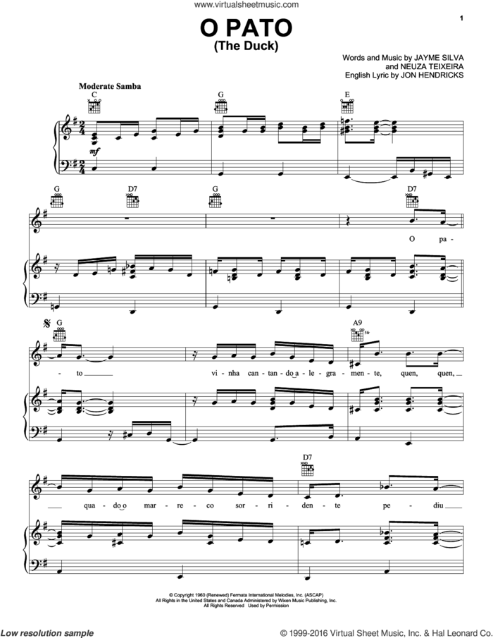 O Pato (The Duck) sheet music for voice, piano or guitar by Jon Hendricks, Jayme Silva and Neuza Teixiera, intermediate skill level