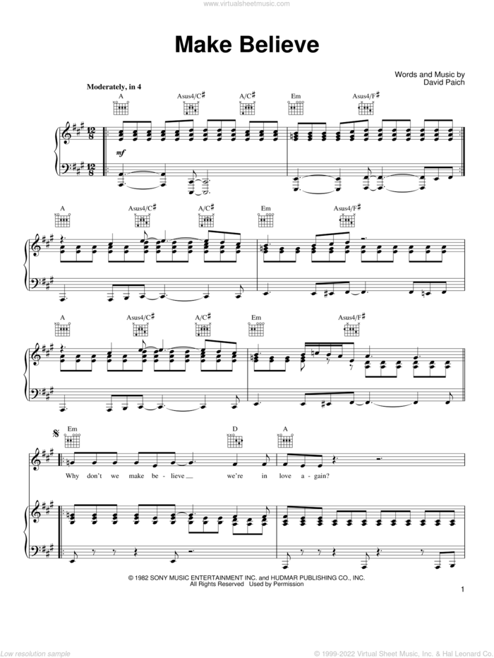 Make Believe sheet music for voice, piano or guitar by Toto and David Paich, intermediate skill level