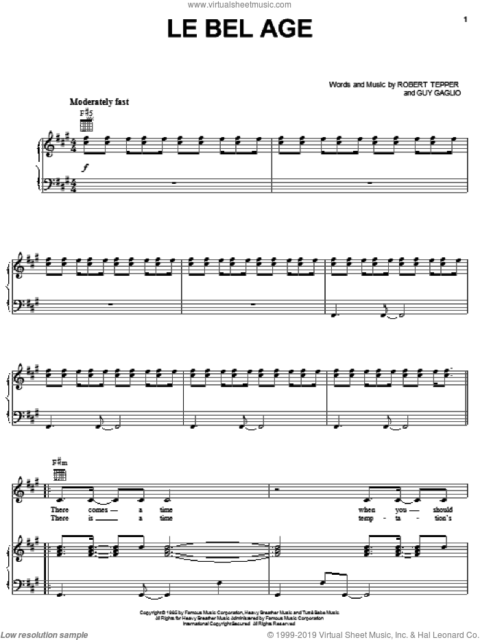 Le Bel Age sheet music for voice, piano or guitar by Pat Benatar, Guy Gaglio and Robert Tepper, intermediate skill level