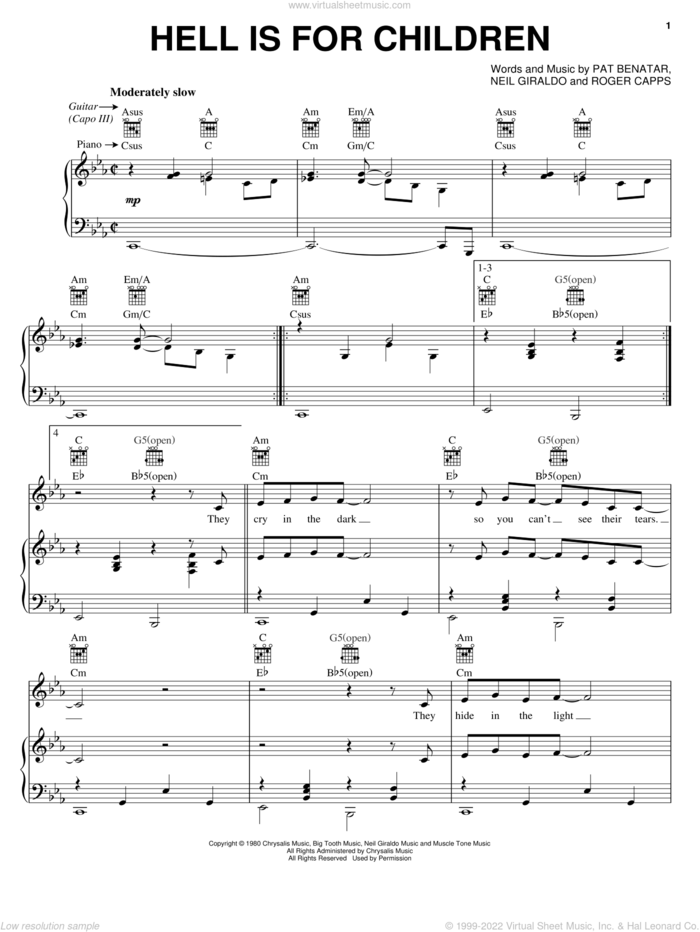 Hell Is For Children sheet music for voice, piano or guitar by Pat Benatar, Neil Giraldo and Roger Capps, intermediate skill level