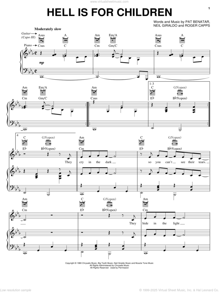 Hell Is For Children sheet music for voice, piano or guitar by Pat Benatar, Neil Giraldo and Roger Capps, intermediate skill level