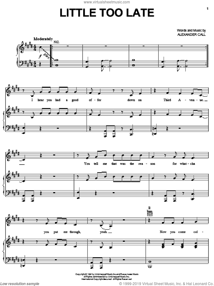 Little Too Late sheet music for voice, piano or guitar by Pat Benatar and Alex Call, intermediate skill level