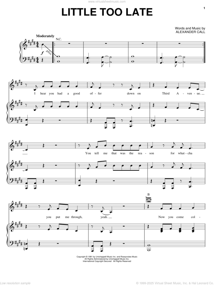 Little Too Late sheet music for voice, piano or guitar by Pat Benatar and Alex Call, intermediate skill level